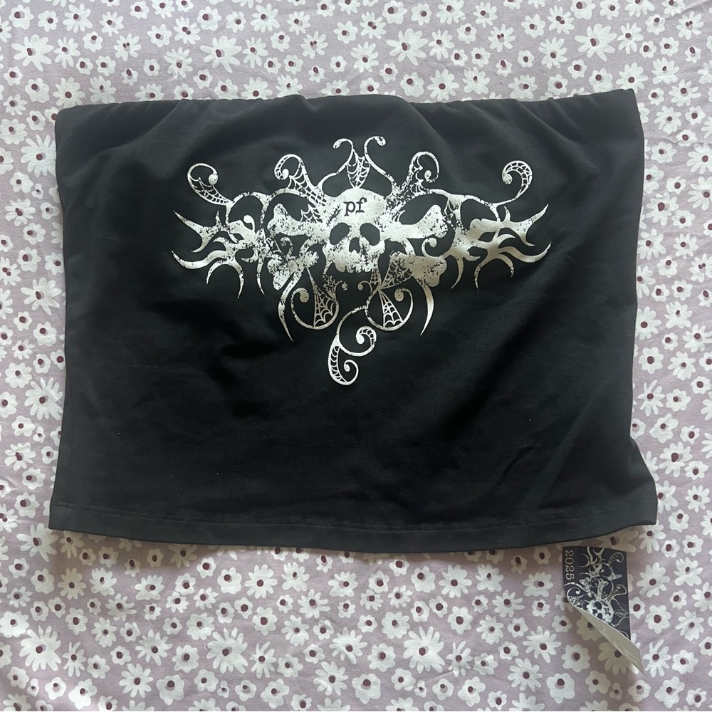 NWT Piled Flesh Grunge Emo Black Tube Top w/ White Skull
